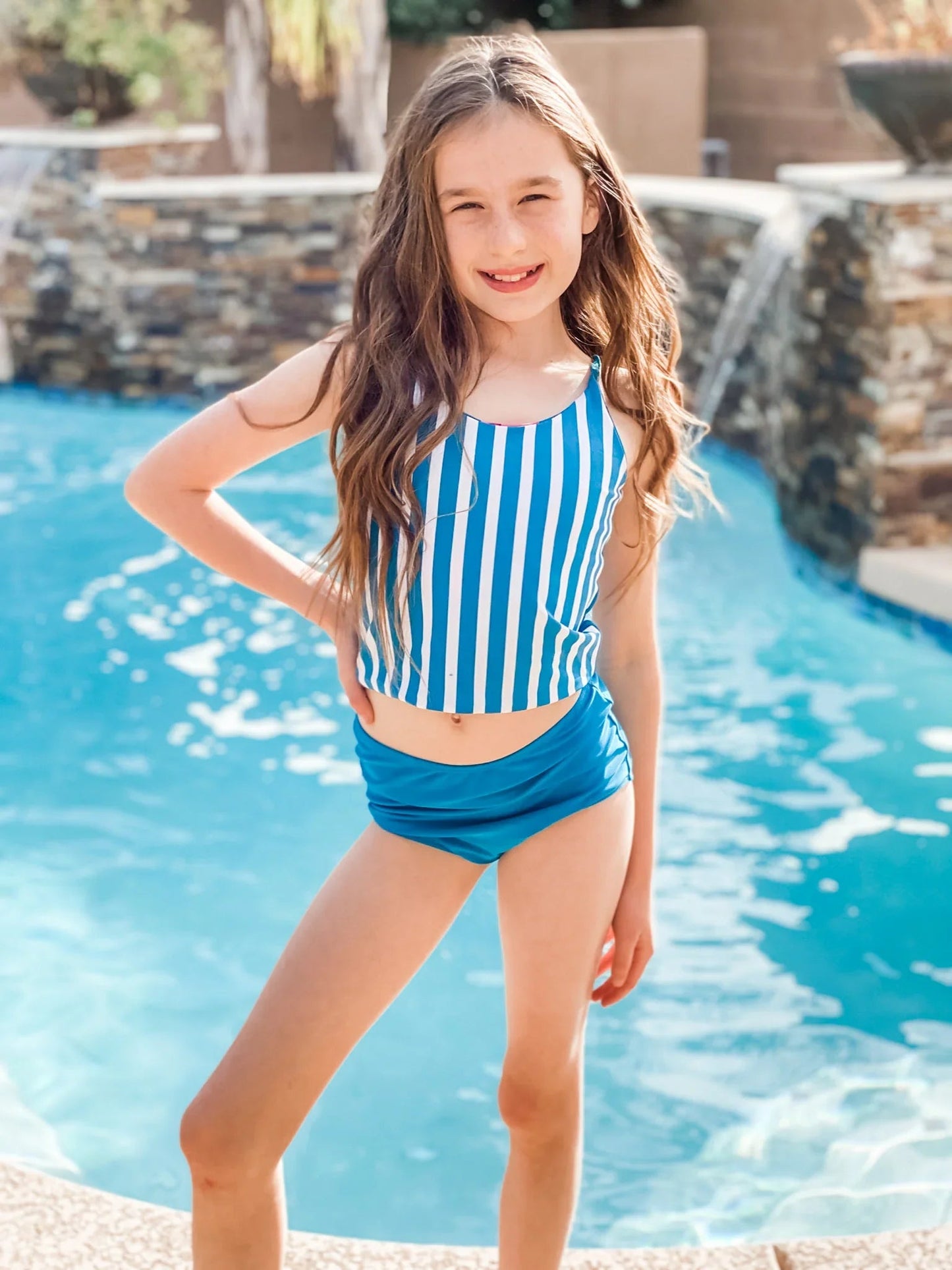  Mini Centara Reversible Top | Blue Stripe/Floral | Final Sale